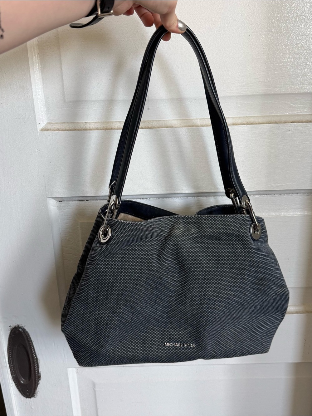 Michael Kors raven Gray Canvas large Shoulder bag Tote with Black Leather Straps